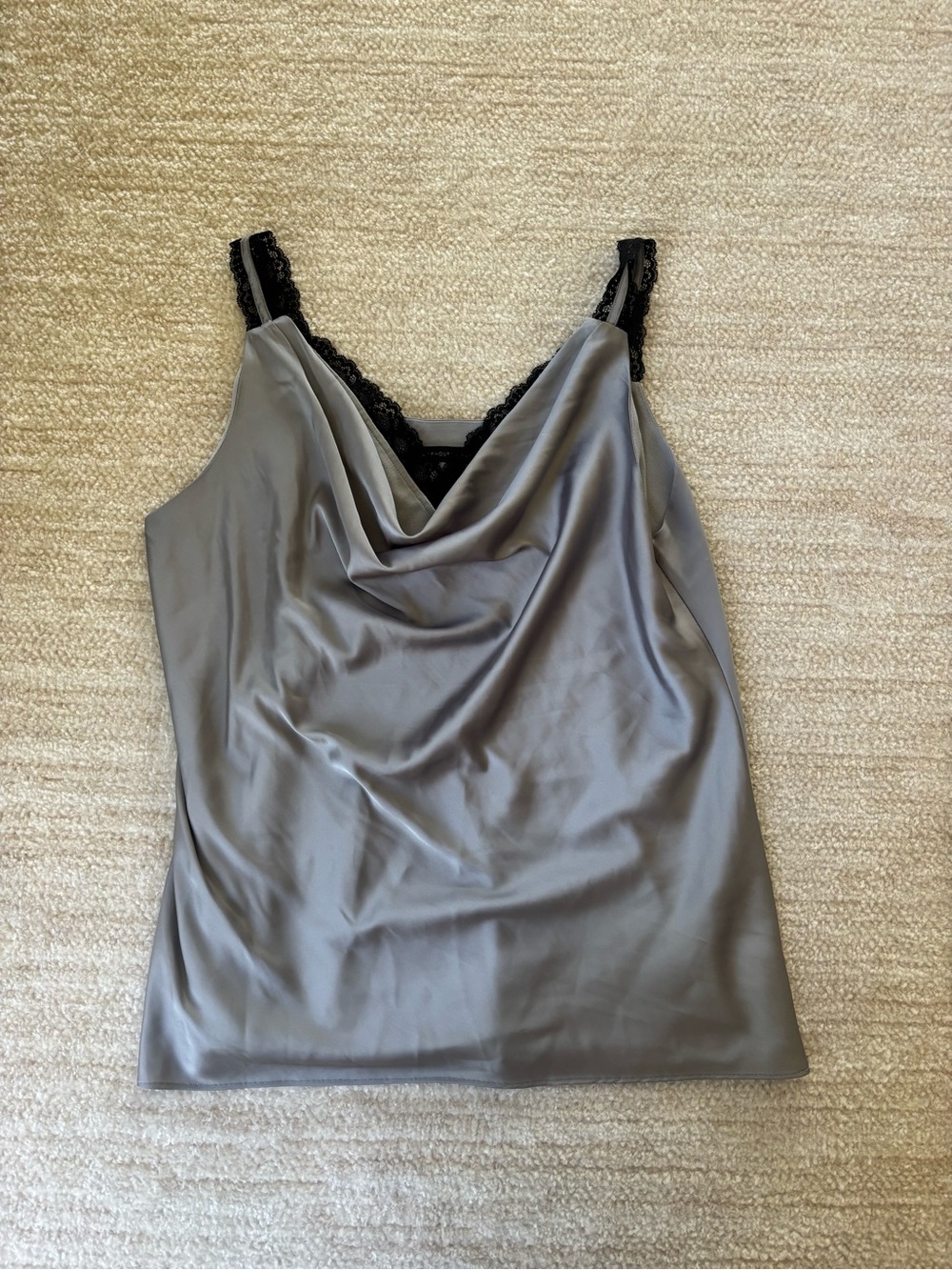 White House Black Market - Satin Cowl Neck Tank Top with Lace Trim - Gray